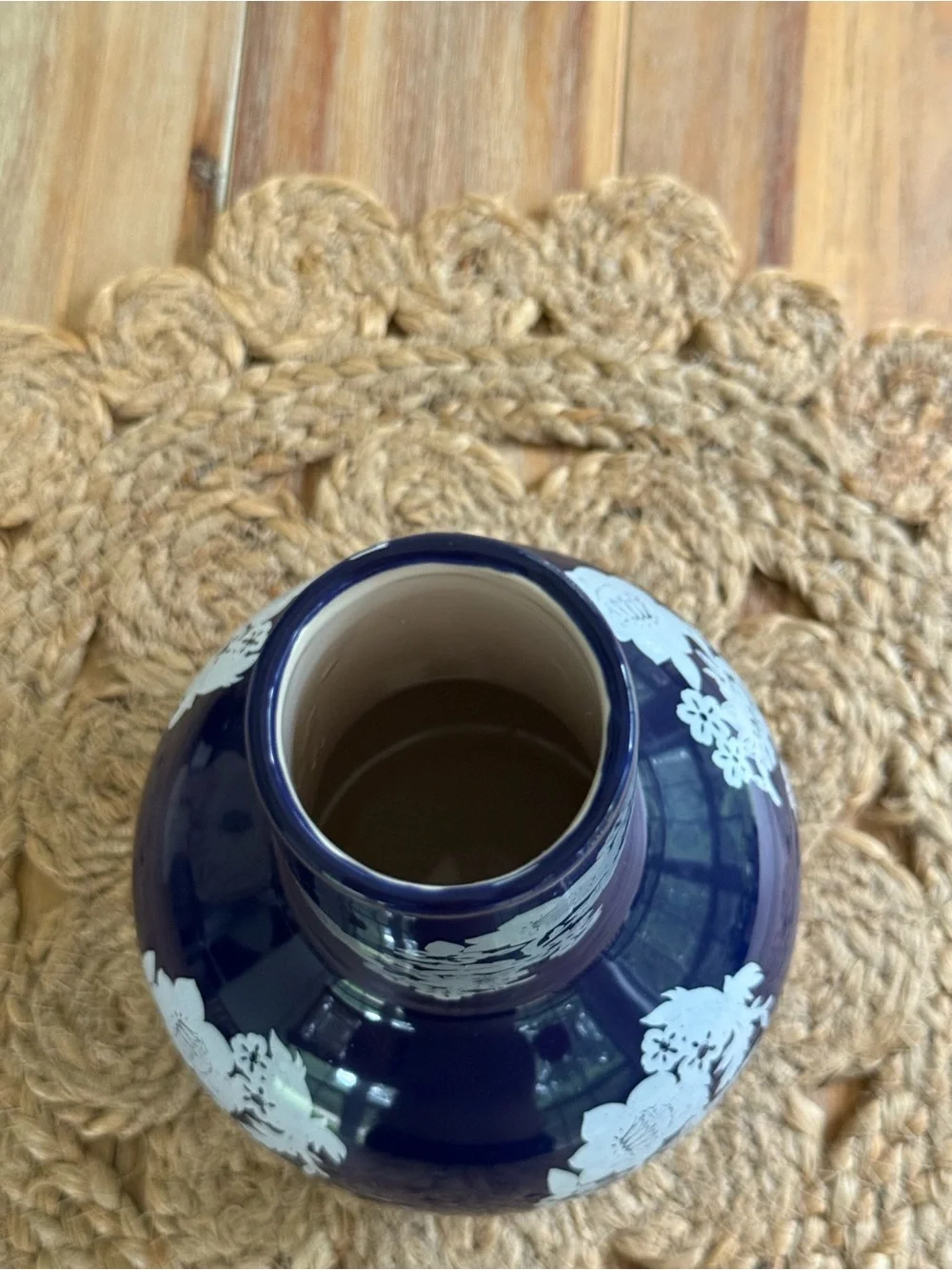 Avon Navy Blue Ceramic Vase with White Floral Design 8 1/2”